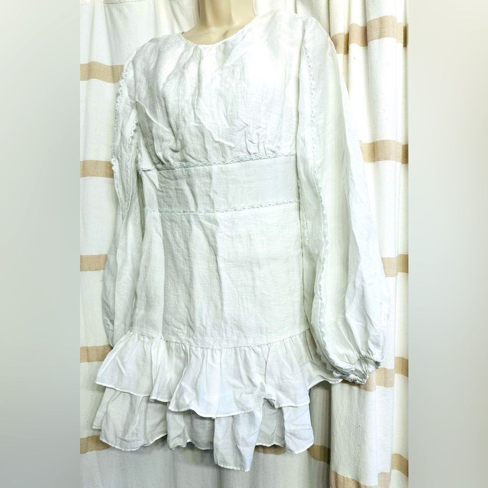 Keepsake White Linen Balletcore Bridal Puffy Sleeves Ruffled Hem Short Dress 8/L